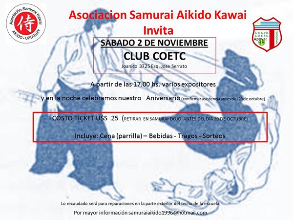 Sábado 2 de noviembre encuentro de aikido y celebración del aniversario de la Asociación